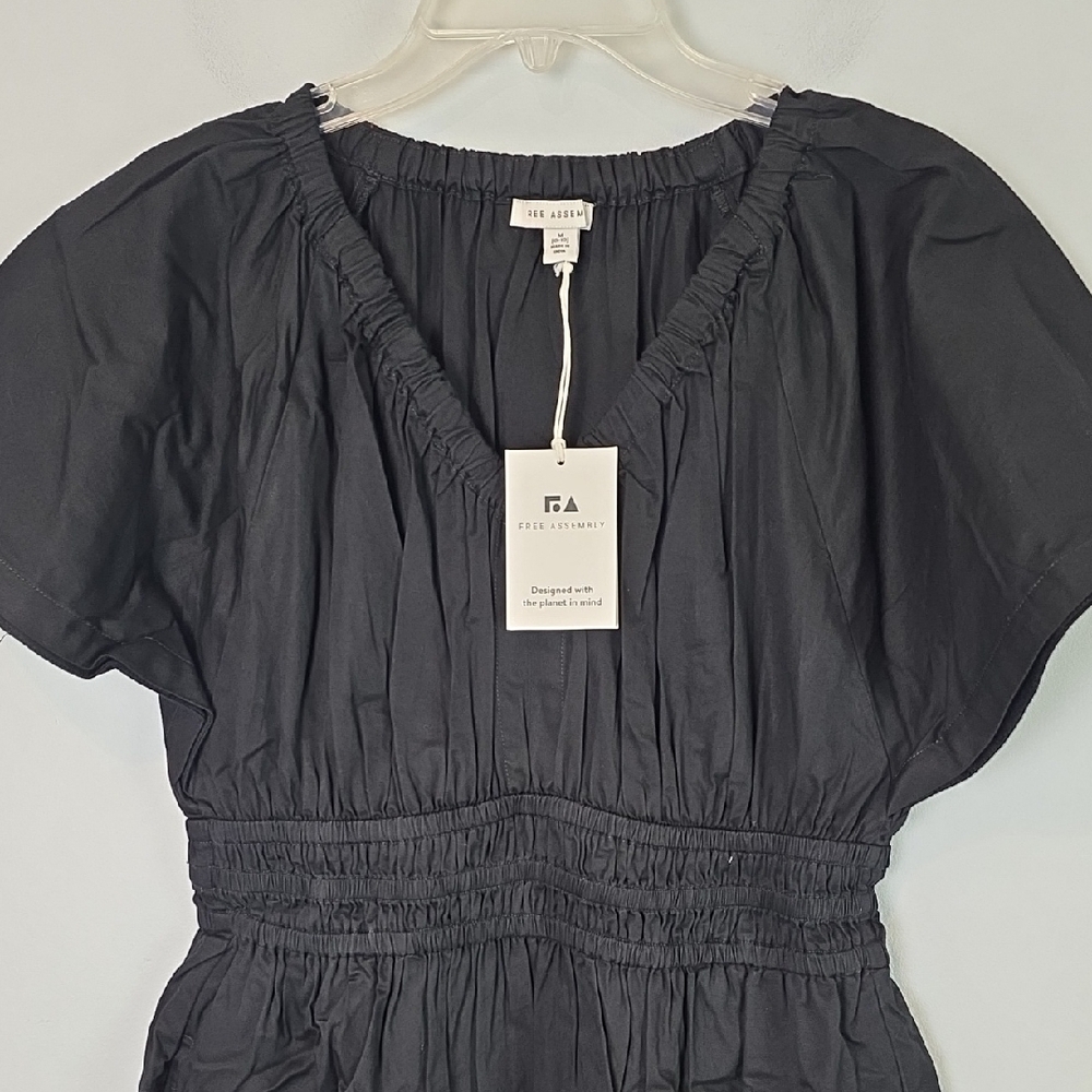 New Free Assembly Cotton Black midi dress smocked waist Medium 8-10 - Picture 3 of 10
